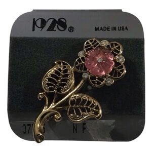 1928 Pink Flower Brooch Gold Tone Cutout USA Fashion Costume Jewelry